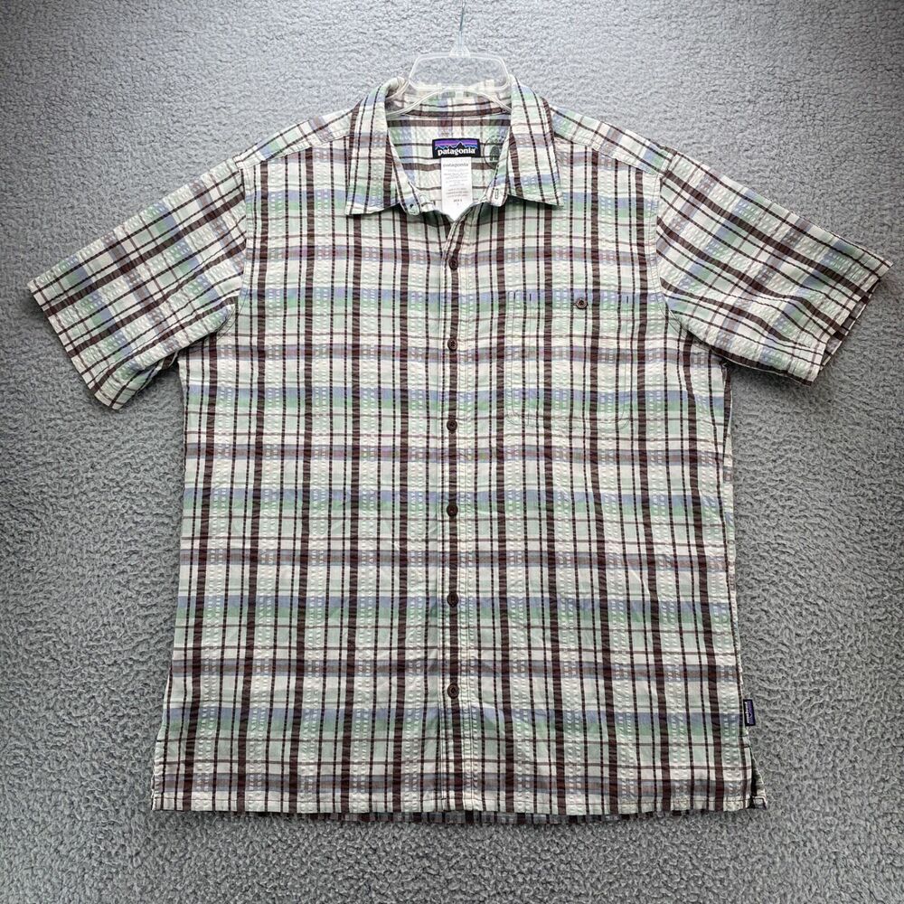 Patagonia Shirt Mens Large Brown Plaid Organic Cotton Worn Wear Short Sleeve